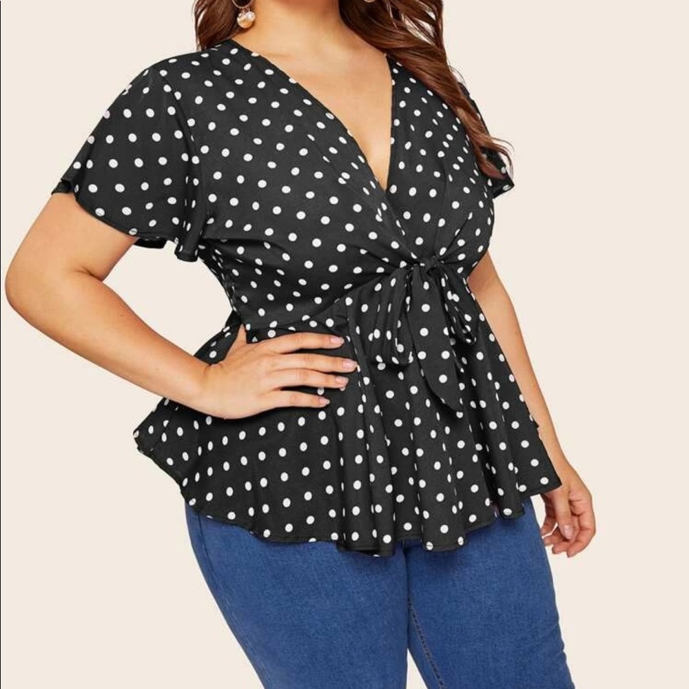 PLUS polka dot print front tie peplum blouse - Picture 1 of 6